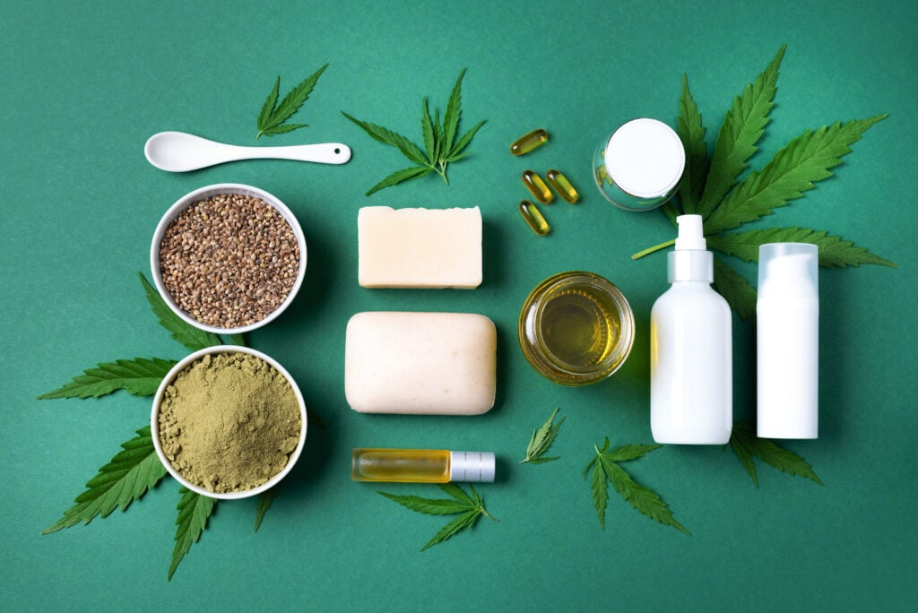 cannabis extract products, lotion, oil, face cream and marijuana leafs. Top selling cannabis products