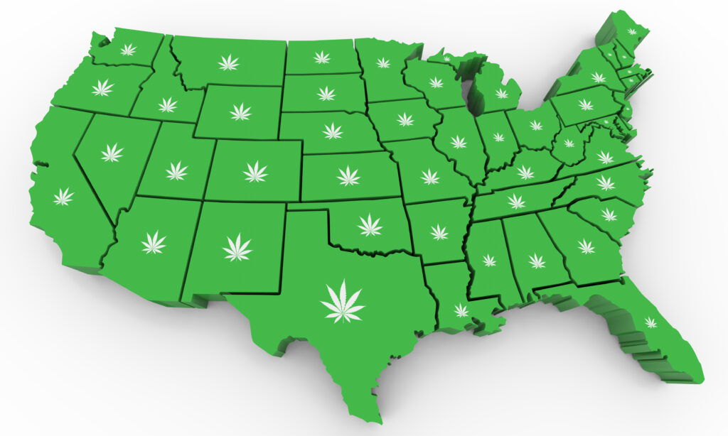 Top States With Qualifying Medical Illnesses. Map of US with pot leaves.