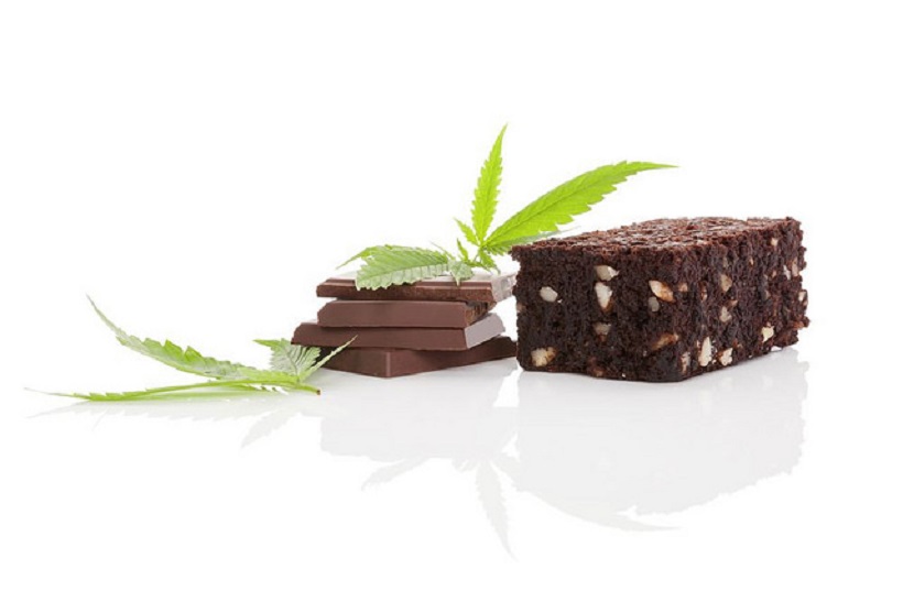 Top Marijuana Edibles With Colorado Winter Themes. Brownies and weed leaves on white background.