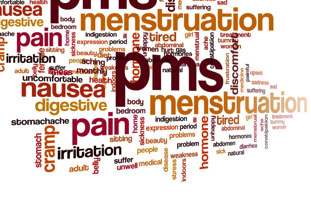 Top reasons cannabis is good for pms relief. PMS related words on white background.