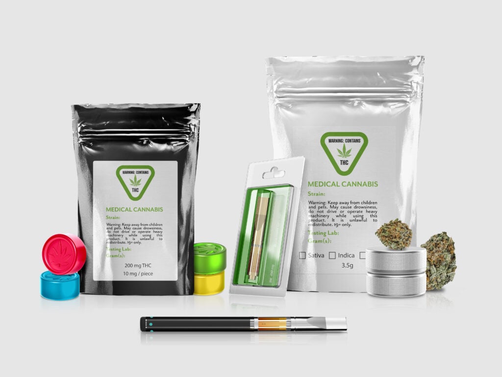 Top Marijuana Products In California For 2017. Different marijuana products on white backdrop.