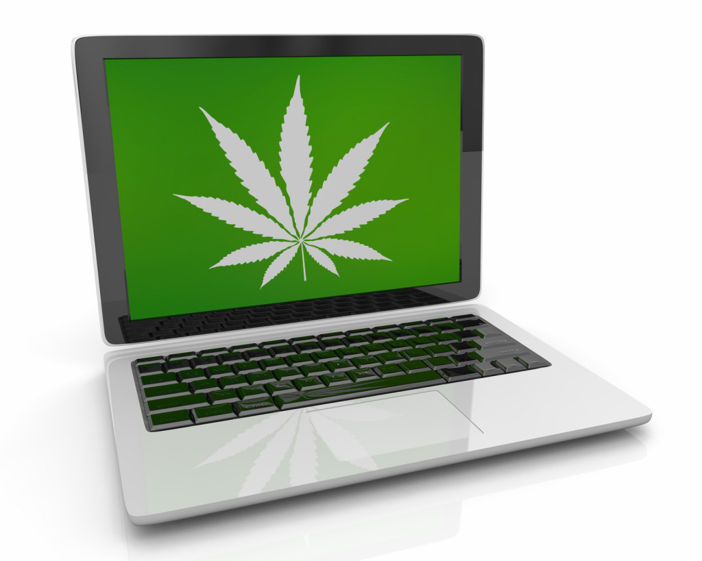 European marijuana shops online. Laptop with marijuana leaf.