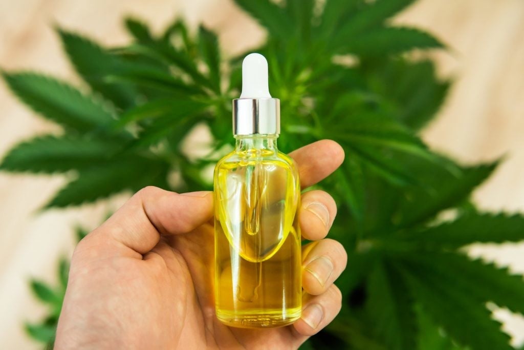 CBD oil in bottle with marijuana leaves, top ways to consume CBD 