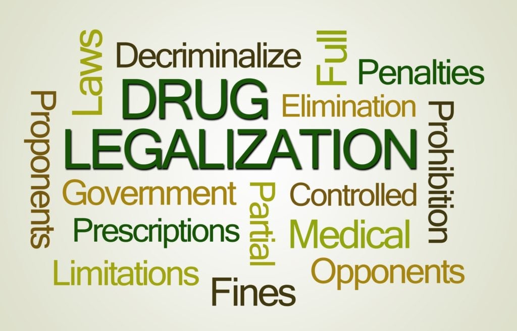 Marijuana Legalization and Decriminalization. A word cloud related to drug legalization.
