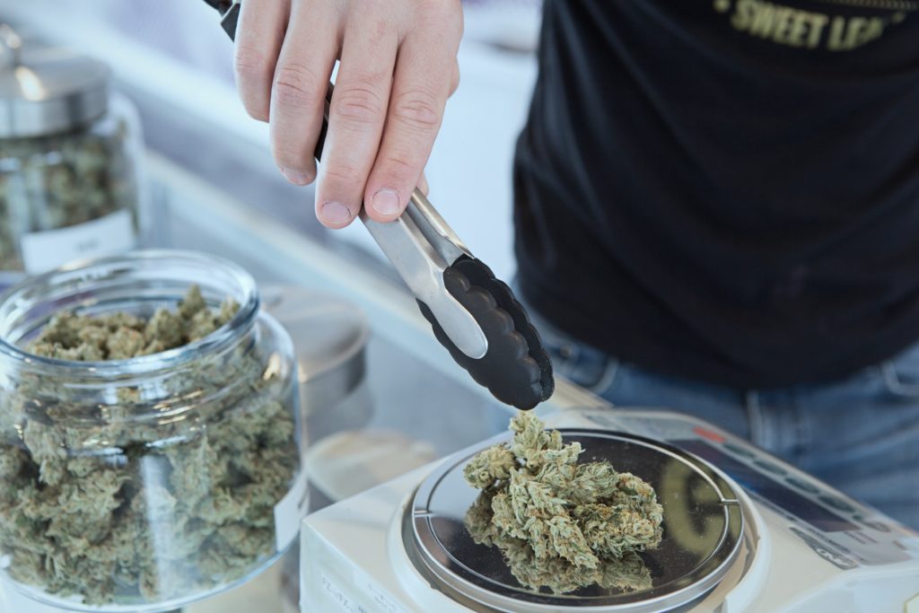 15 Cannabis dispensaries in California. Buds being weighed.
