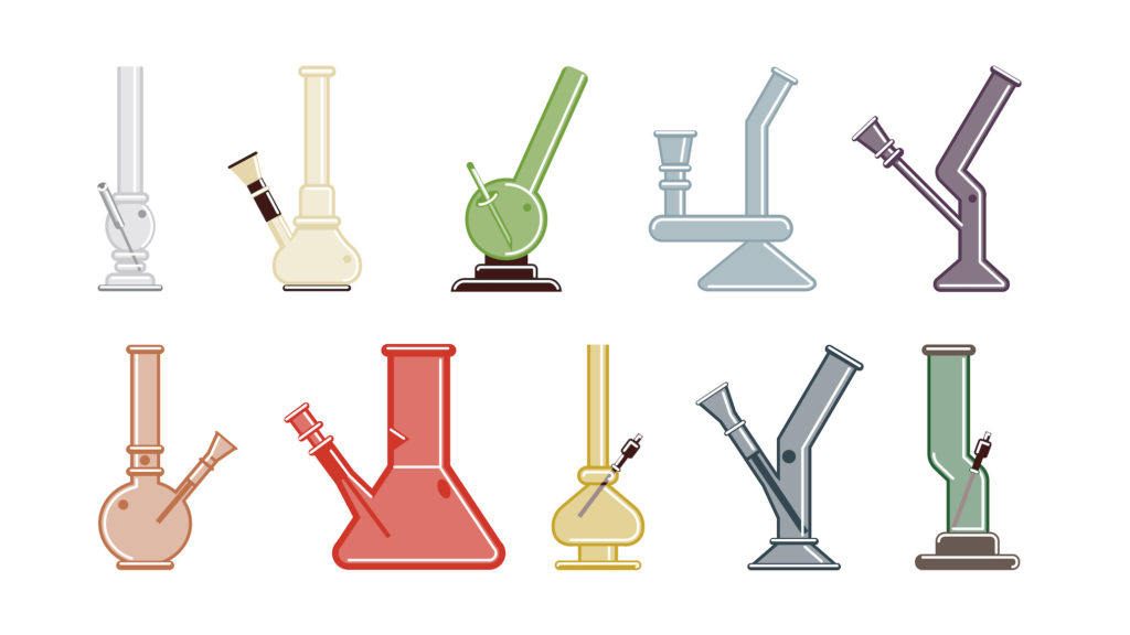 different colors of bongs isolated on white, cleaning bongs