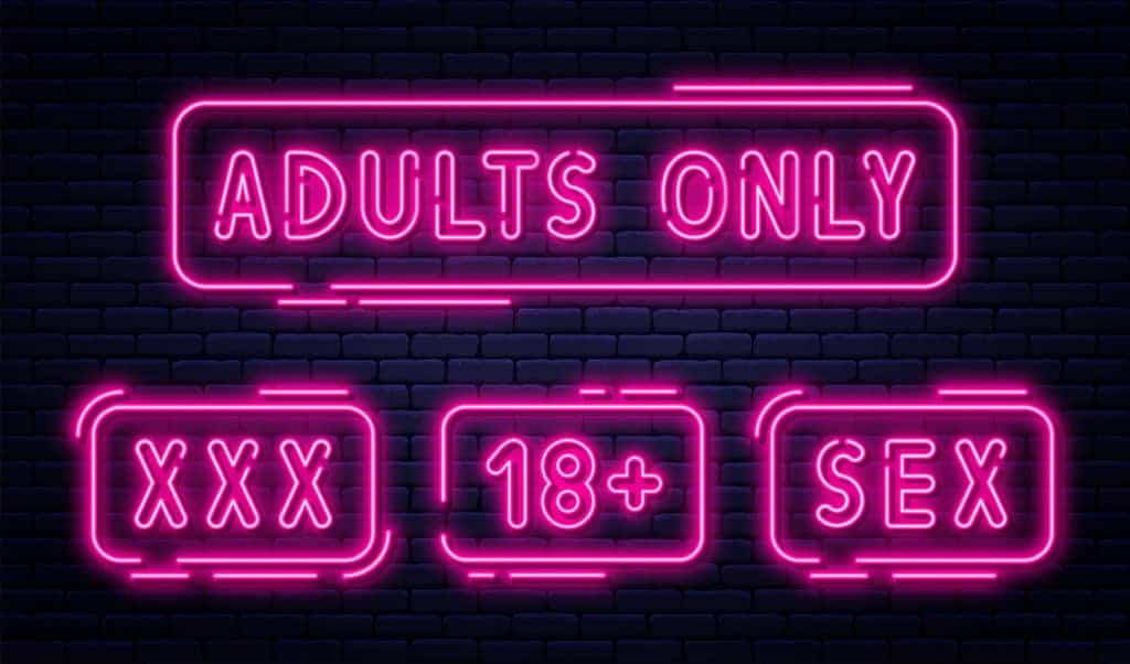 Set of neon signs, adults only, 18 plus, sex and xxx. Restricted content, erotic video concept banner, billboard or signboard template in neon light style. Vector