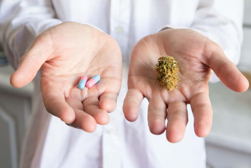 Doctor hand offering bud of medical cannabis and pills. Concept of choise of traditional medications and cannabis. Marijuana and ADHD