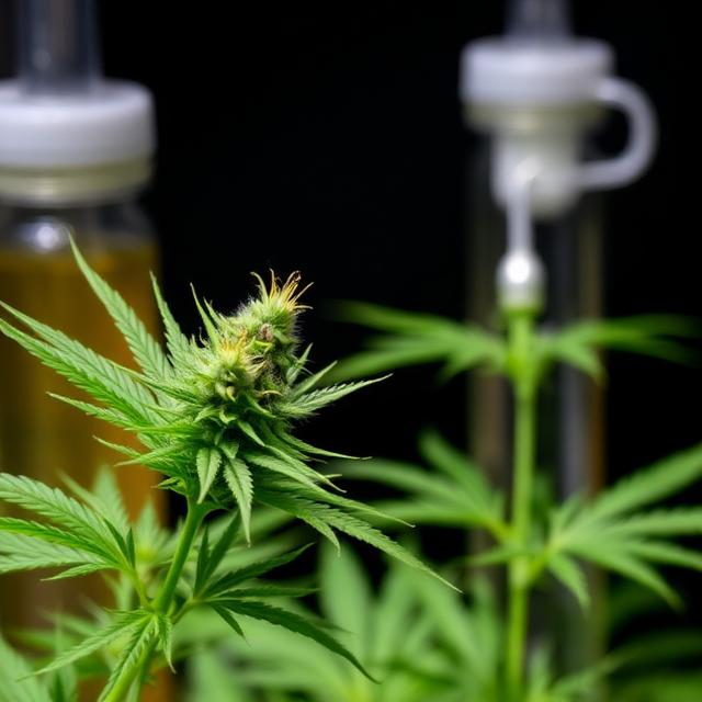 Cannabis plant with flowering bud in foreground, amber CBD oil bottles with droppers blurred in background