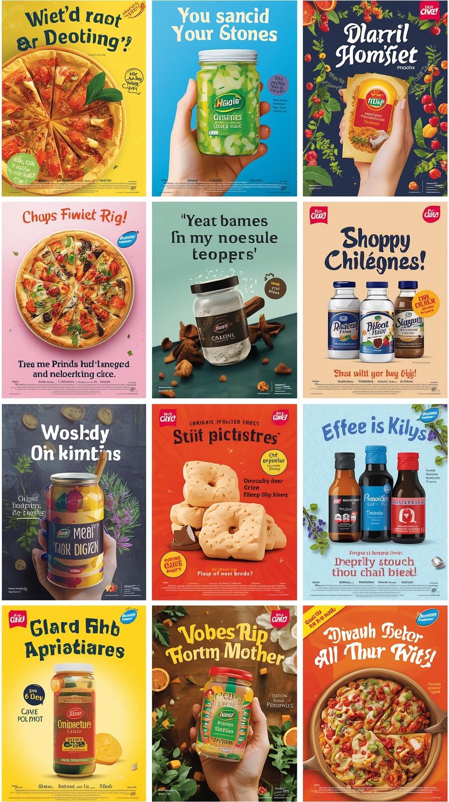 Grid of 12 colorful AI-generated food and beverage advertisement mockups featuring garbled text and various product imagery.