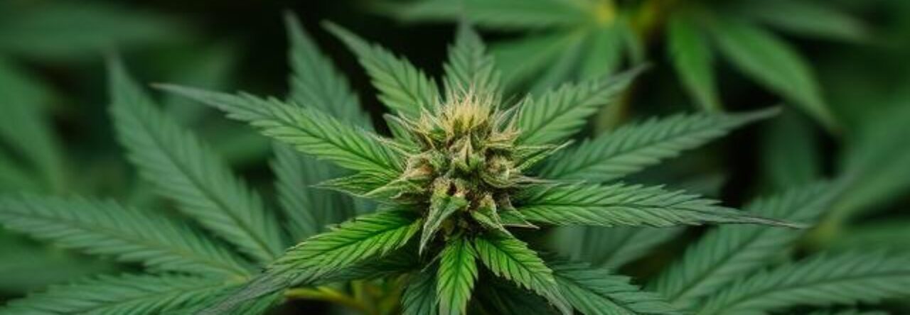 Close-up of a flowering cannabis plant with bright green serrated leaves and a budding center cola.