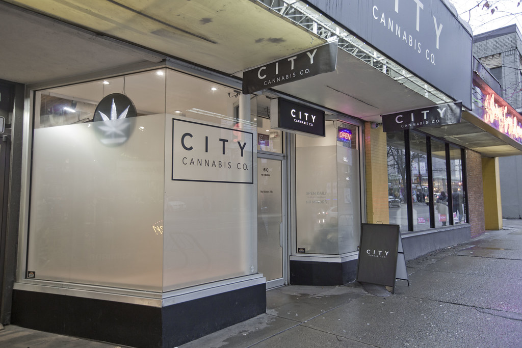 Glass storefront of a cannabis retail shop