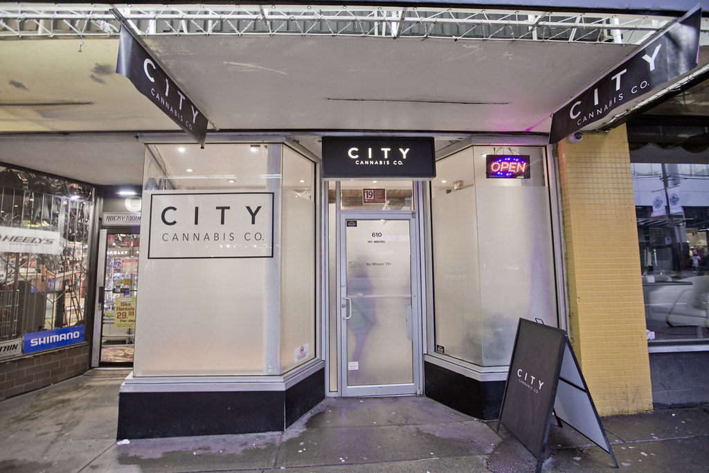 Glass storefront of a cannabis retail shop