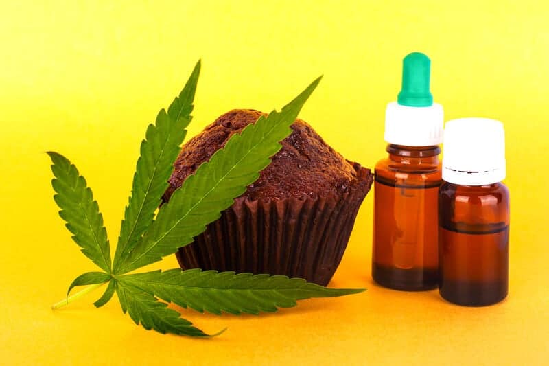 muffin next to cannabis leave and CBD oil, products cbd is added to